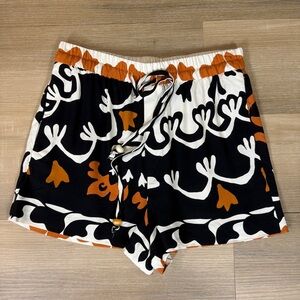Zara Black Orange & Cream Patterned High Waist Drawstring Shorts | Size Small
